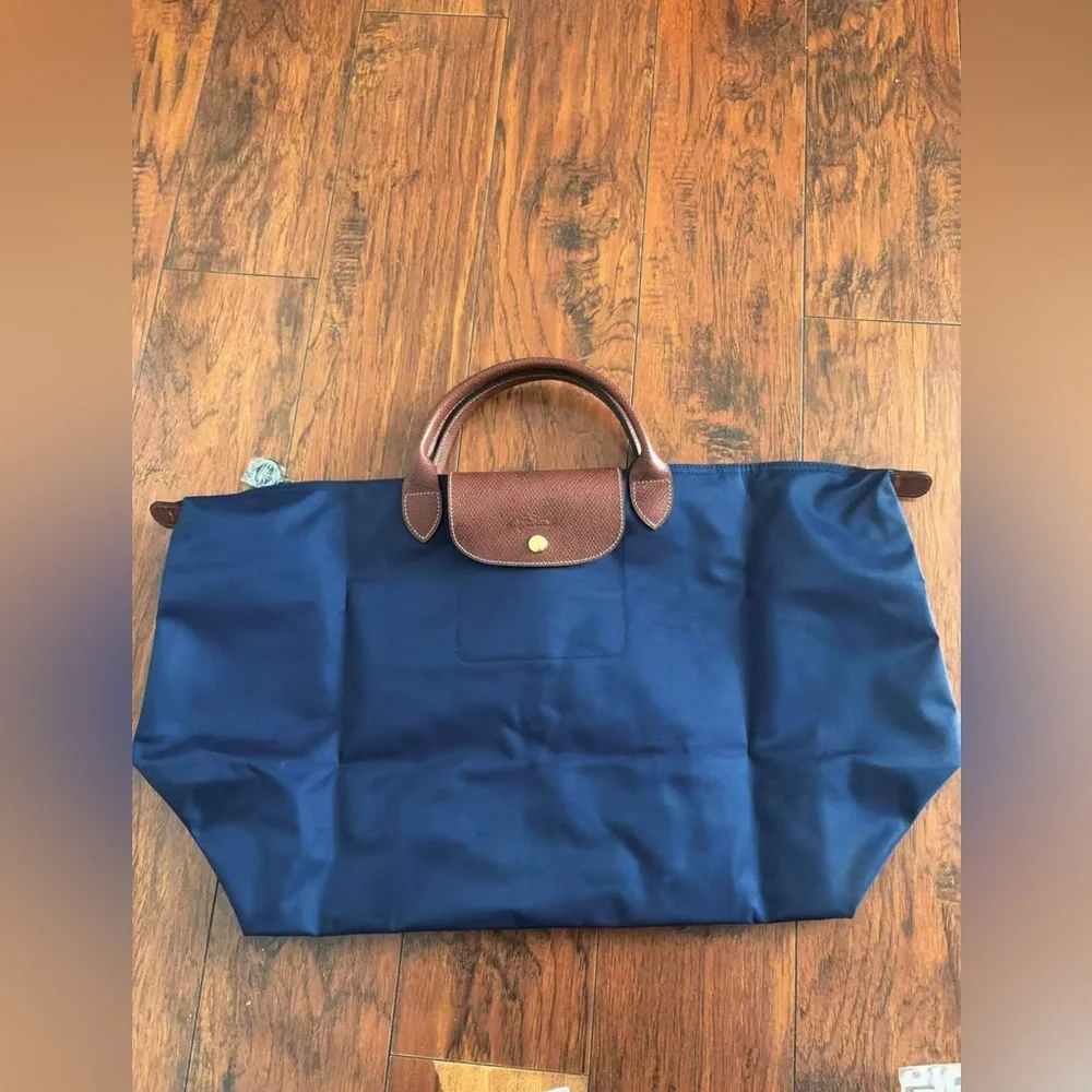 Longchamp Tote Bag extra Large navy Nylon Tote Bag with Brown Leather Handles - Picture 9 of 14